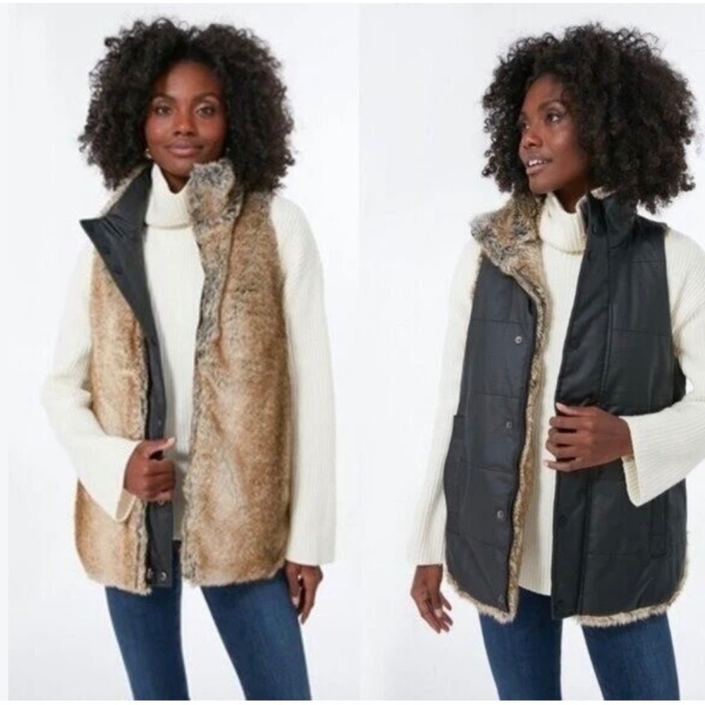 Tuckernuck Reversible Faux Fur Puffer Vest Black Brown Tan Medium